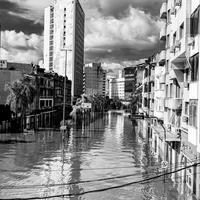 The force of water in a flooded city.