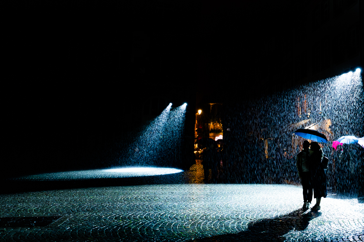 On stage in the rain