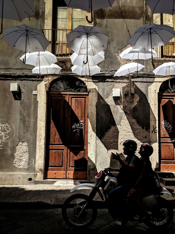 Umbrellas, light and the people on the bike