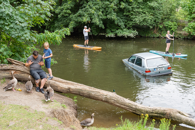 Goose whisperer, stand-up paddlers and car in the river