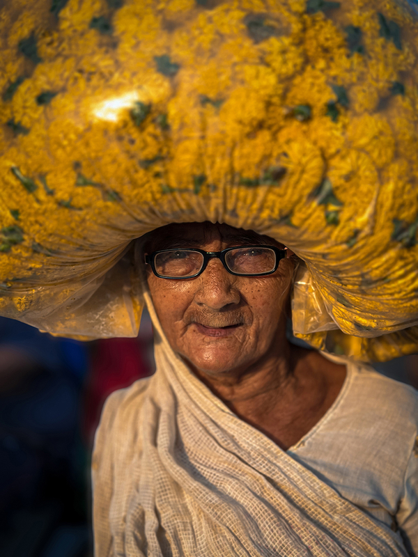 Old Lady with marigolds hat