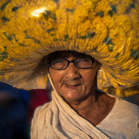 Old Lady with marigolds hat